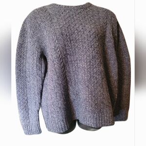 Duluth Trading Co Mens Heathered Blue Crew Neck Cable Knit Shetland Wool Sweater